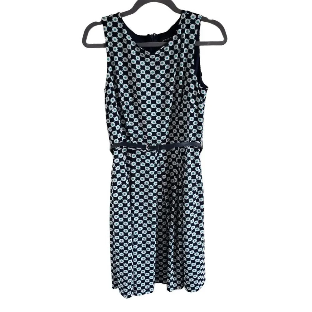 Liz Claiborne Woman Size 6 Fit and Flare dress with leather belt Geometric Print